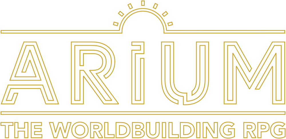 Arium The Worldbuilding RPG Logo: White with Gold border.